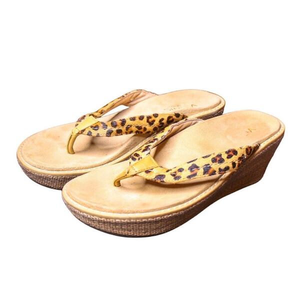 Vionic Grenada Leopard Print Thong Wedge Heel Sandals Straw Weave 9 - Picture 1 of 7